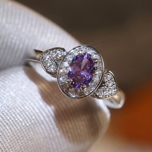925 Silver Plated Purple Oval Cut CZ Birthstone Ring, FB16FA1135 - Picture 6 of 10